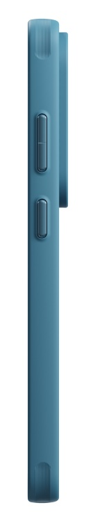 Niebieskie etui na telefon z bocznymi przyciskami i prążkowanym detalem.