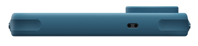 Niebieskie prostokątne urządzenie z otworami wentylacyjnymi i dwiema czarnymi soczewkami.