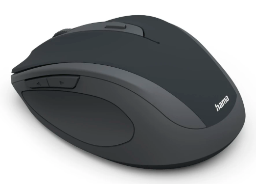 Ciemna, ergonomiczna mysz komputerowa z kółkiem przewijania i dodatkowymi przyciskami.