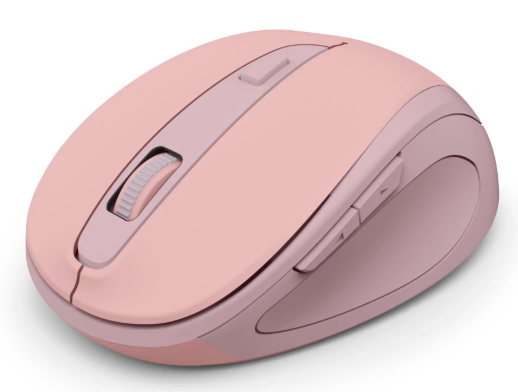 Różowa mysz komputerowa z kółkiem przewijania i przyciskami.