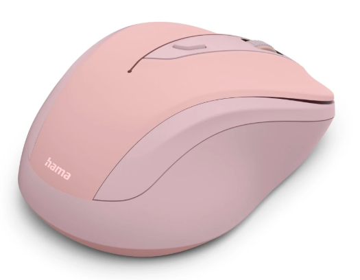 Różowa mysz komputerowa Hama z kółkiem przewijania na białym tle.