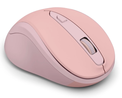 Różowa mysz komputerowa z kółkiem przewijania i przyciskami.