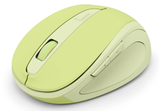 Jasnozielona mysz komputerowa z kółkiem i dwoma przyciskami na białym tle.