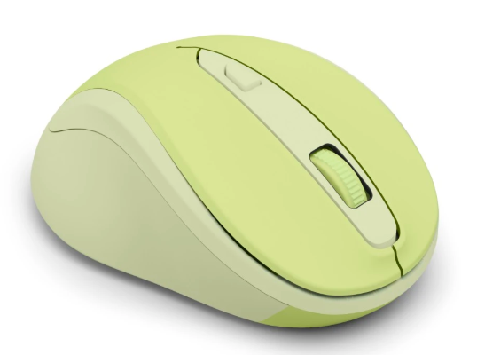 Jasnozielona mysz komputerowa z kółkiem przewijania i dwoma przyciskami.