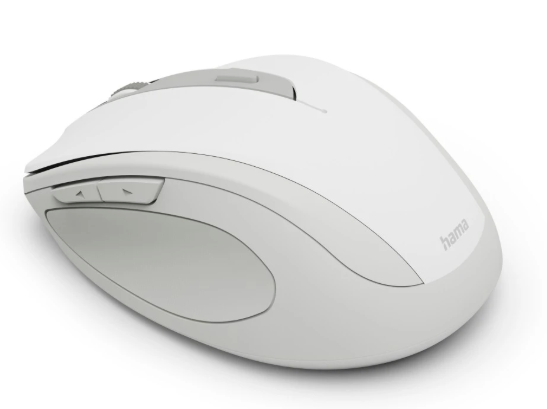 Biała mysz komputerowa z szarymi akcentami i przyciskami, na białym tle.