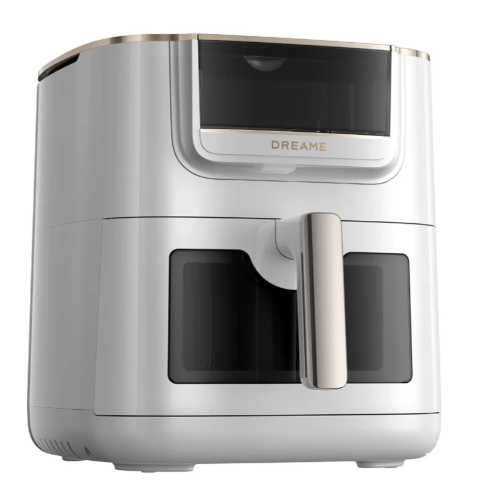 Biała frytkownica beztłuszczowa z srebrną rączką i złotymi akcentami.