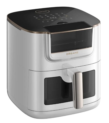 Biała frytkownica beztłuszczowa z czarnym blatem i srebrną rączką.