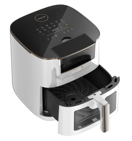 Biało-czarna frytkownica beztłuszczowa z cyfrowym wyświetlaczem, otwarta szuflada.