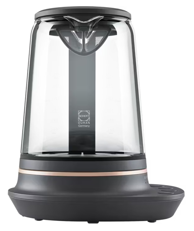 Nowoczesny czajnik ze szkła i ciemnego metalu z miedzianym akcentem.