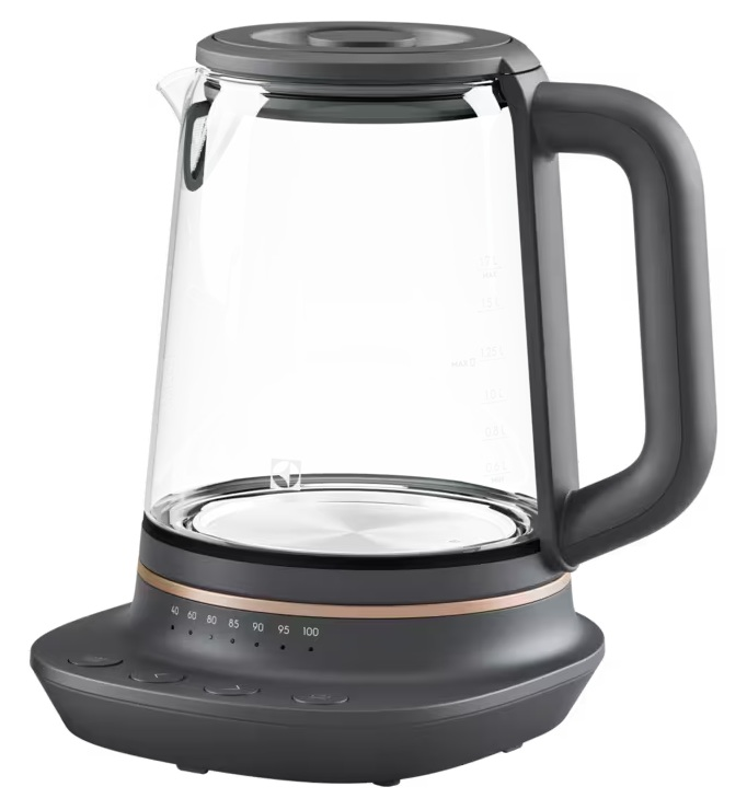 Szara czajnik elektryczny z szklanym korpusem, kontrolkami i uchwytem.