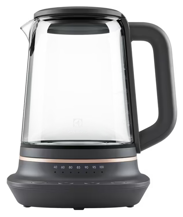 Nowoczesny, szklany czajnik z czarną rączką i podstawą, z regulacją temperatury.
