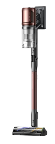 Elegancki, bezprzewodowy odkurzacz w kolorze różowego złota i szarości, stojący na białym tle.