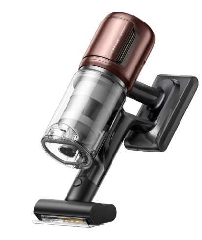 Odkurzacz bezprzewodowy z brązową górną częścią i przezroczystym pojemnikiem na kurz.