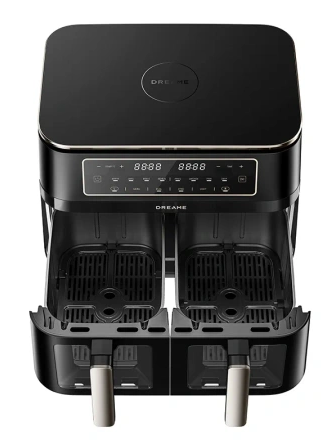 Czarna podwójna frytkownica beztłuszczowa z cyfrowymi wyświetlaczami.