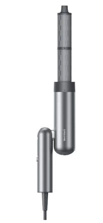 Srebrna suszarka do włosów z odpinaną szczotką, na białym tle.