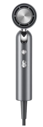 Szara suszarka do włosów z srebrnymi przyciskami i okrągłą głowicą z kratką.