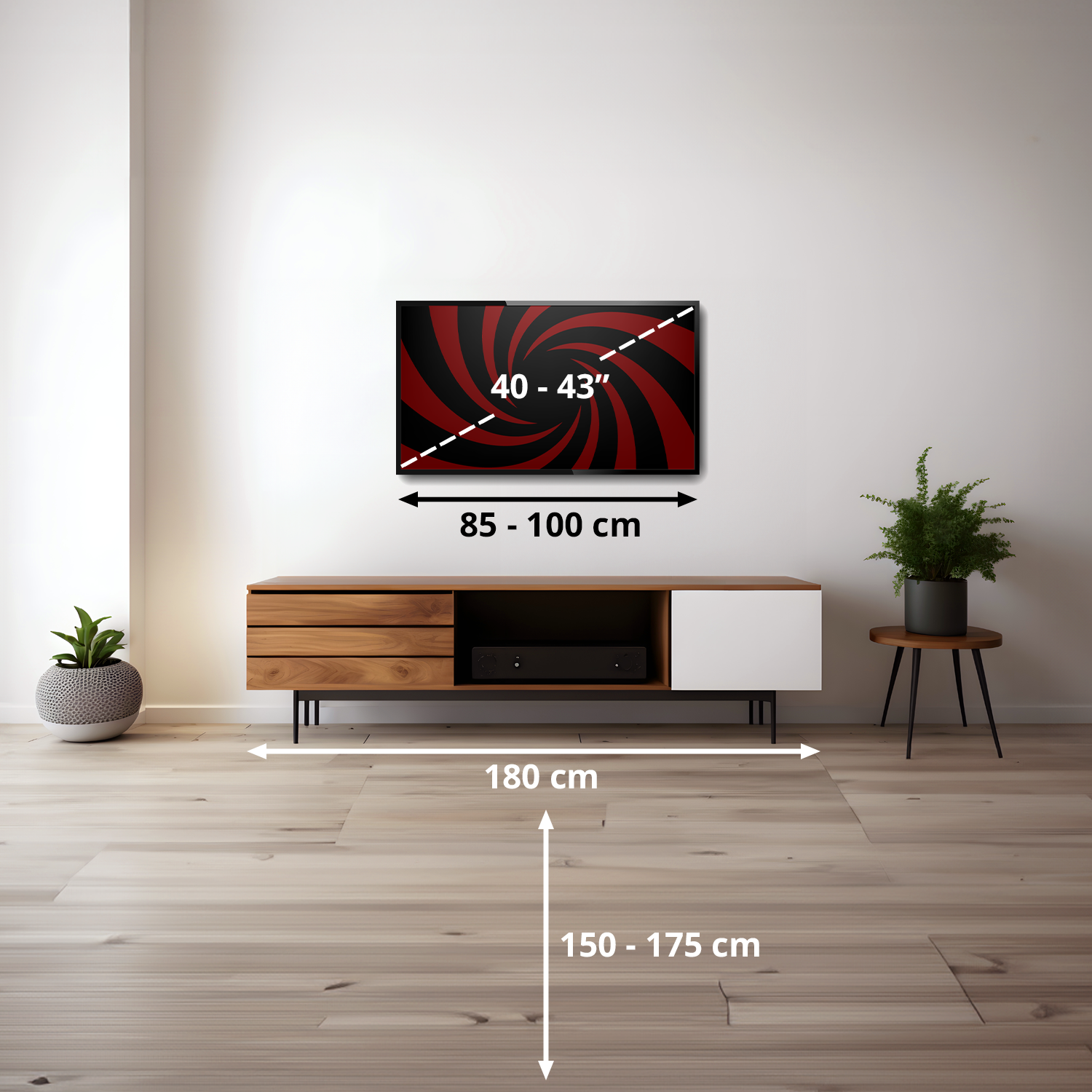 Un mueble de TV con medidas y un televisor en la pared.