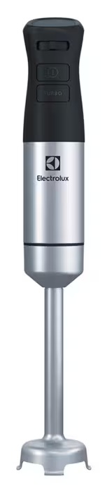 Srebrny blender ręczny z czarnym uchwytem i przyciskami.