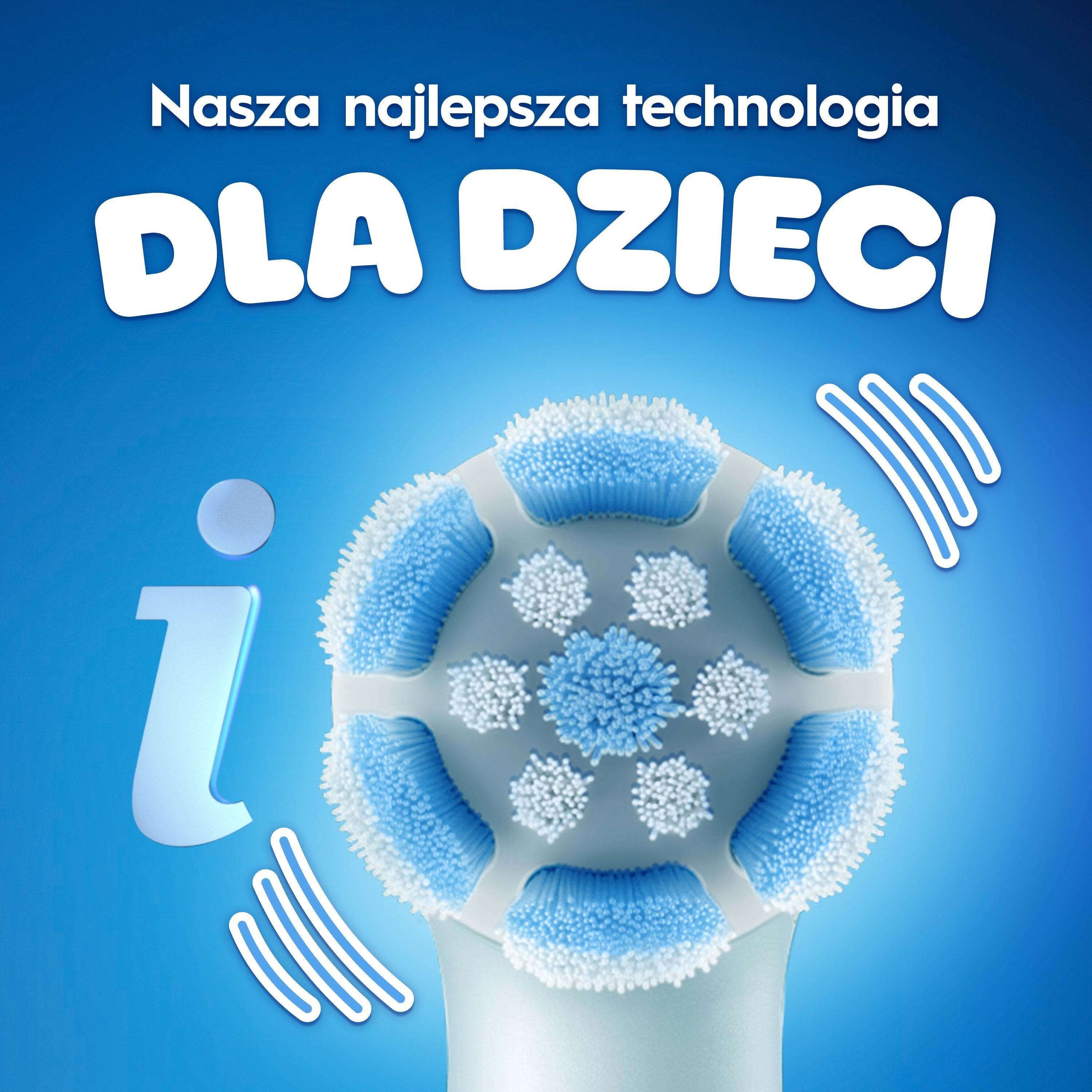 Główka szczoteczki elektrycznej z niebiesko-białym włosiem, logo 'i'.