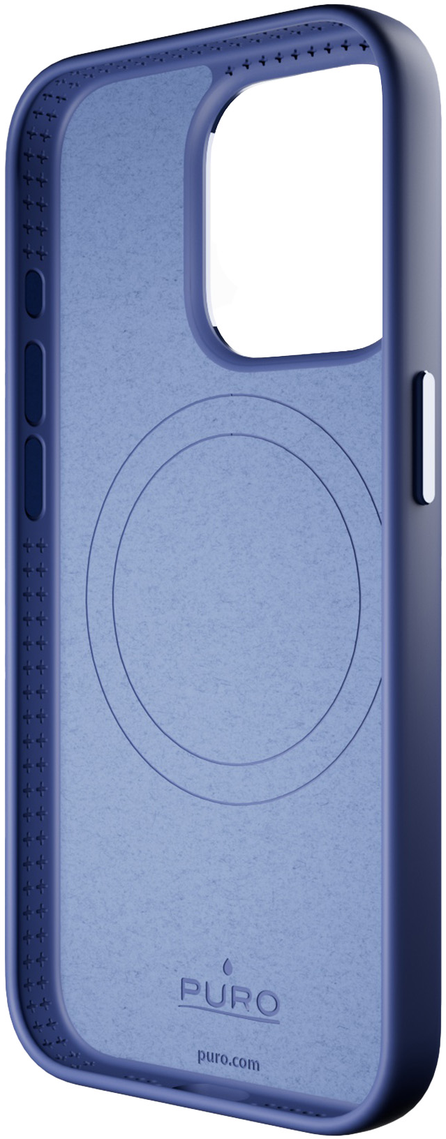 Blaue Handyhülle mit Puro-Logo und Kreismuster auf der Rückseite.