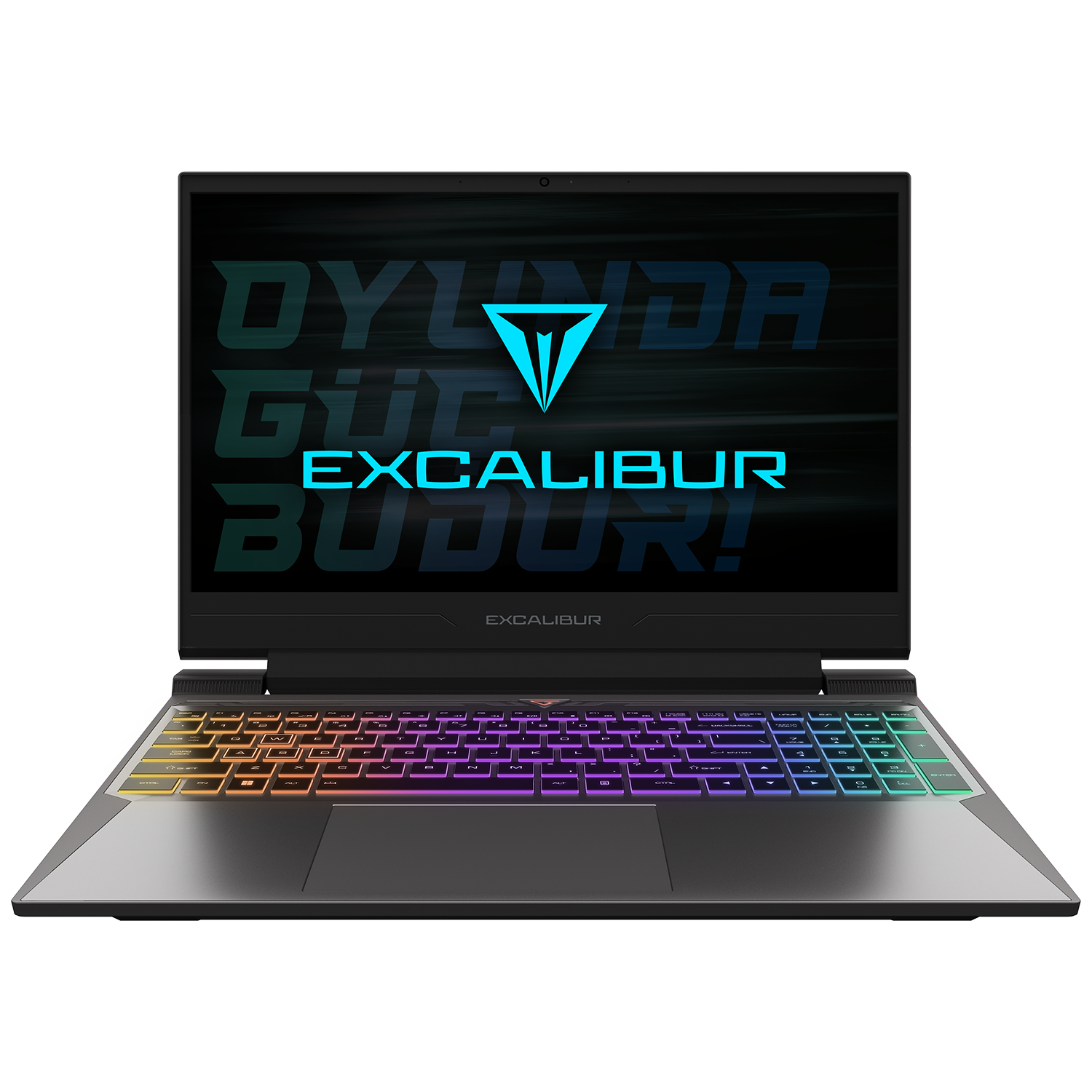 Ekranında "EXCALIBUR" logosu ve canlı, çok renkli aydınlatmalı klavyesi olan bir oyuncu dizüstü bilgisayarı.
