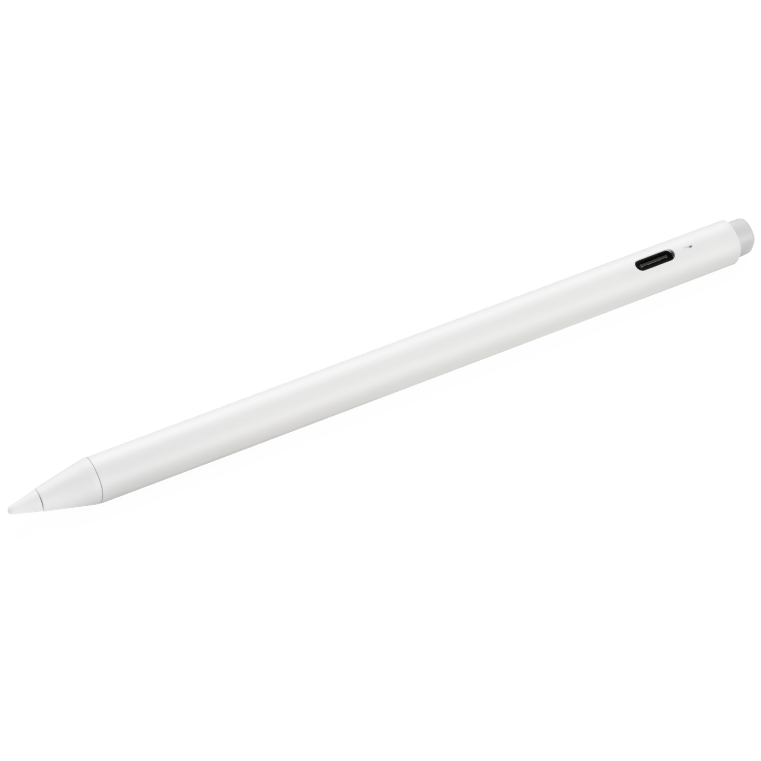 Een witte stylus met oplaadpoort en dop ligt op een witte achtergrond.