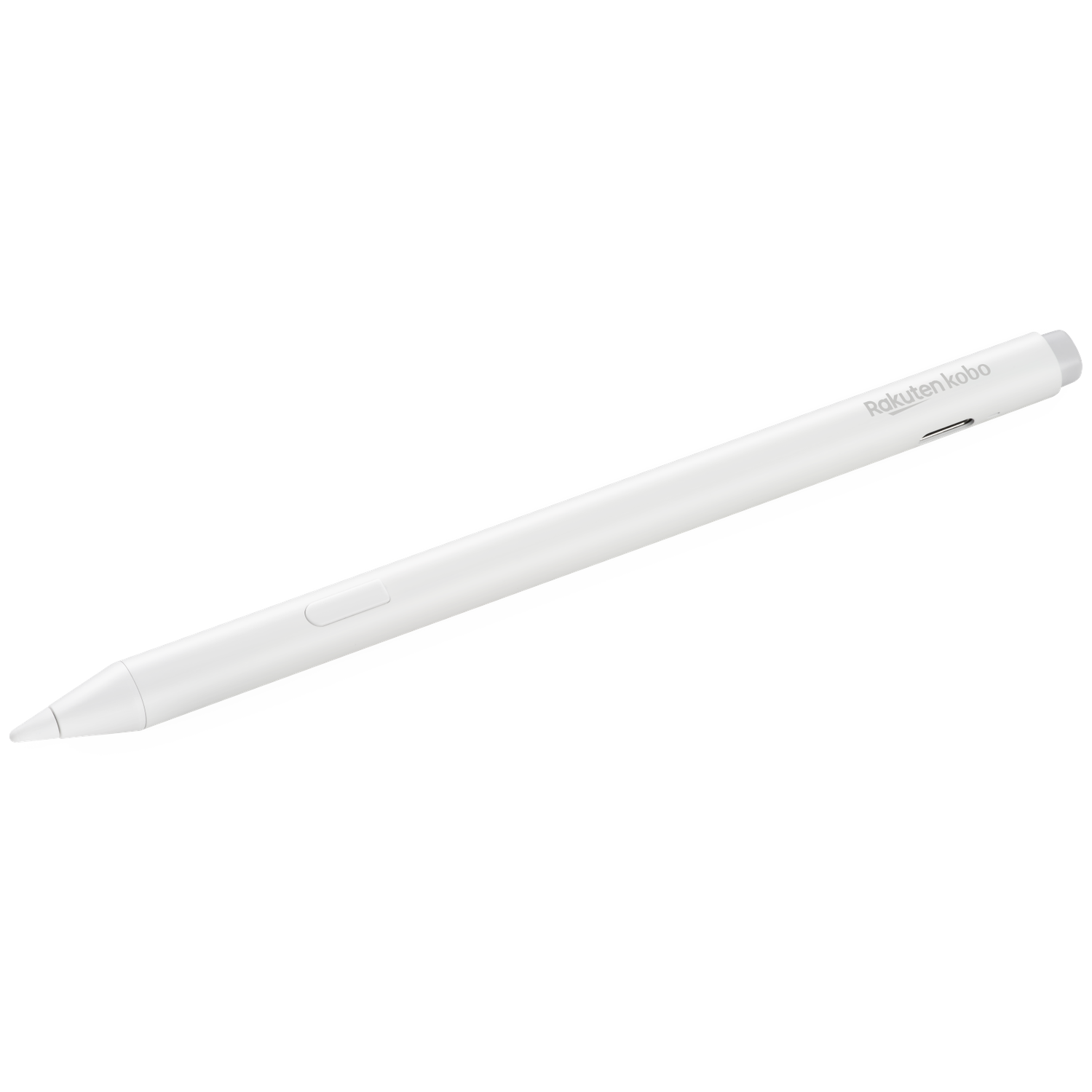 Een witte stylus met zilveren 'Rakuten Kobo' logo op witte achtergrond.