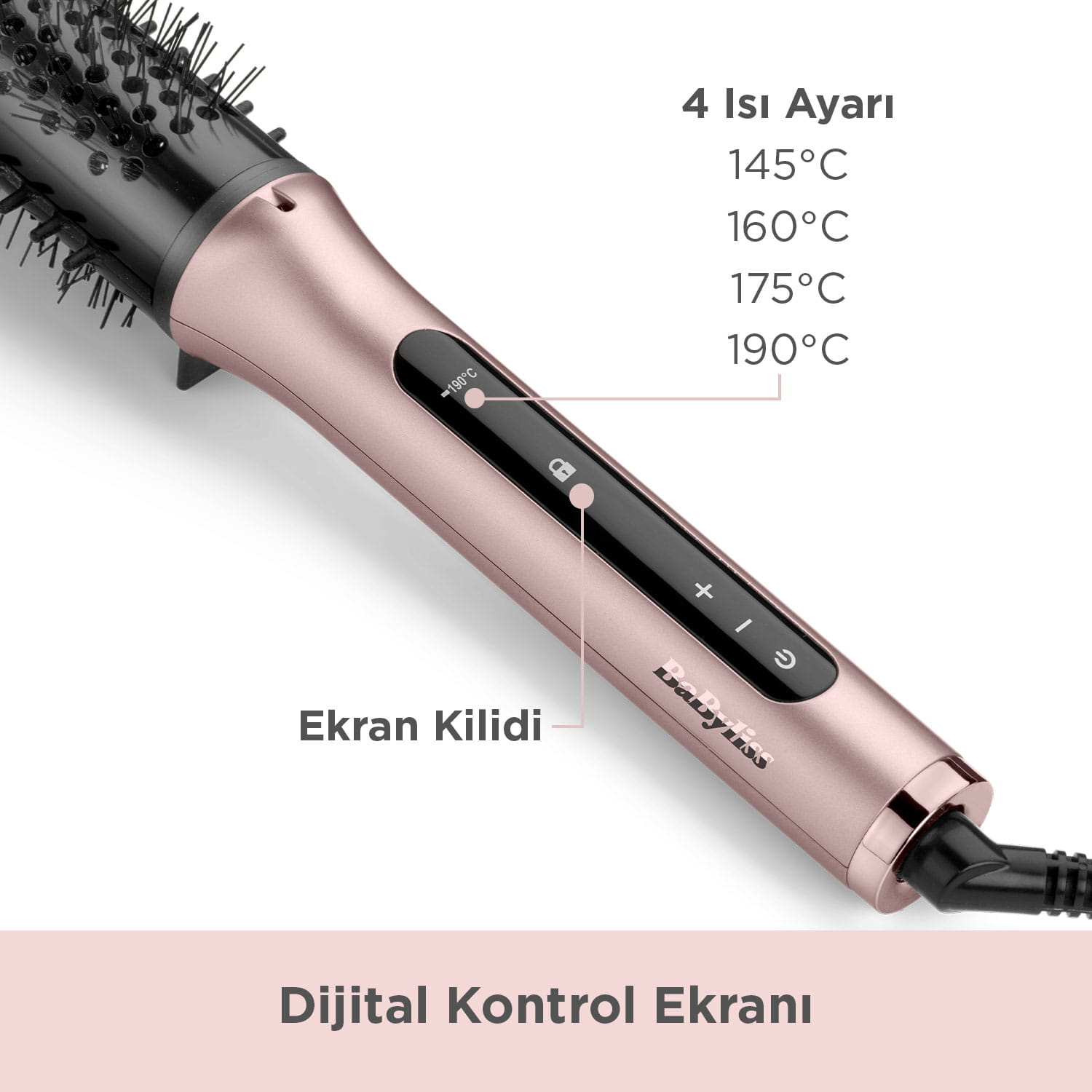 Dijital ekranlı ve ayarlanabilir sıcaklıklı rose gold saç şekillendirici.