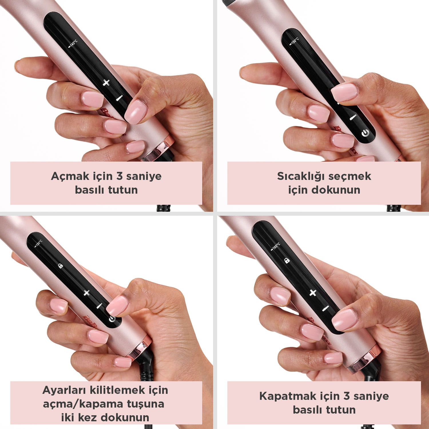 Bir el, gül altın rengi saç maşası tutuyor. Düğmelere basılıyor.