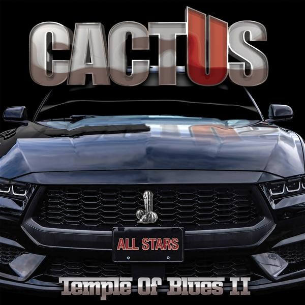 Dunkelblauer Ford Mustang mit "CACTUS"-Logo und "ALL STARS"-Nummernschild.