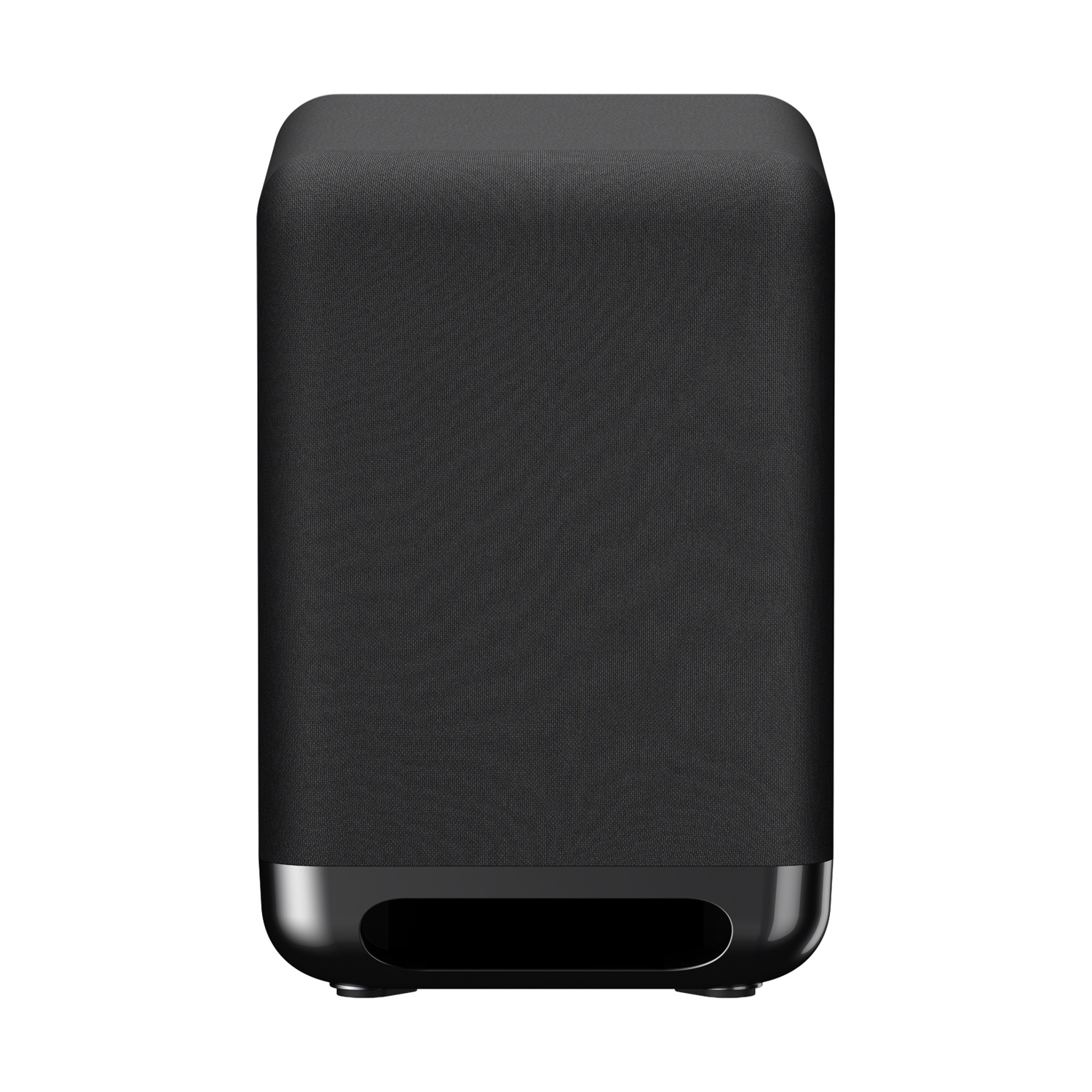 Un subwoofer nero rettangolare con angoli arrotondati e griglia in tessuto, dotato di una base lucida con porta frontale.