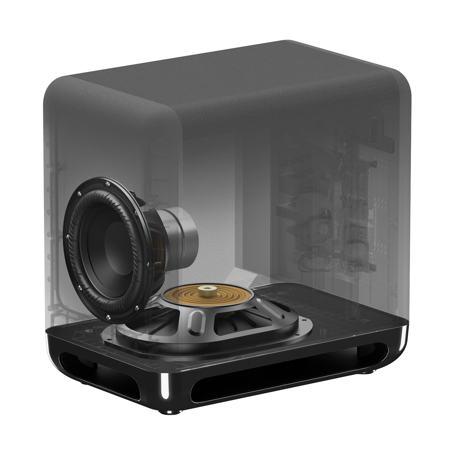 Vista esplosa di un subwoofer nero che mostra driver ed elettronica interna.