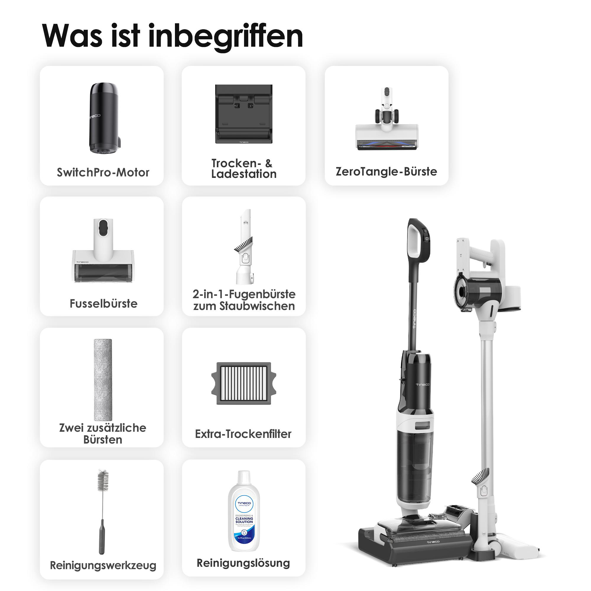 Übersicht von Staubsaugerteilen: Motor, Ladestation, Bürsten, Filter, Reinigungslösung.