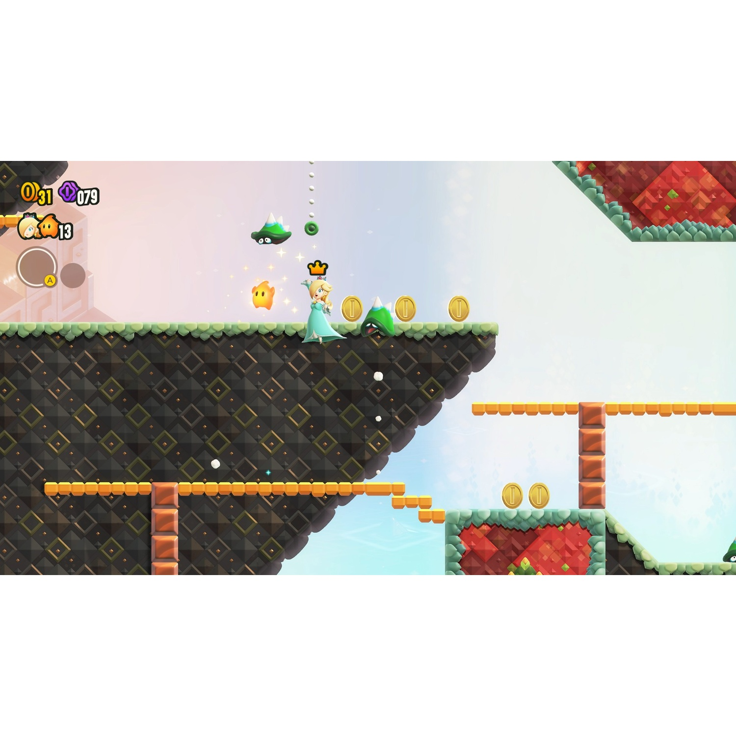 Rosalina raccoglie monete in un gioco 2D con stelle e nemici verdi.