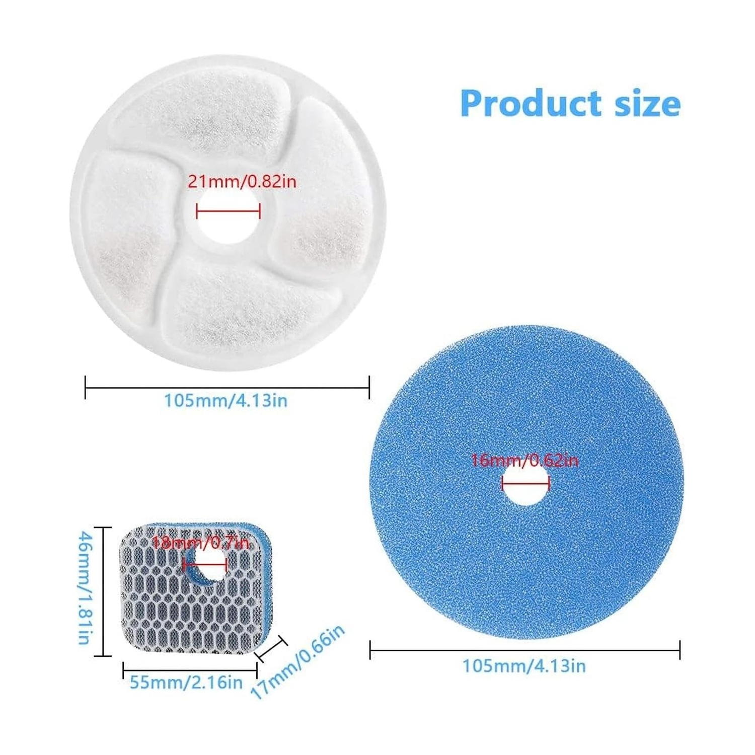 Tabella delle dimensioni del prodotto che mostra tre filtri: filtro circolare bianco, filtro circolare blu e filtro quadrato blu con dimensioni.