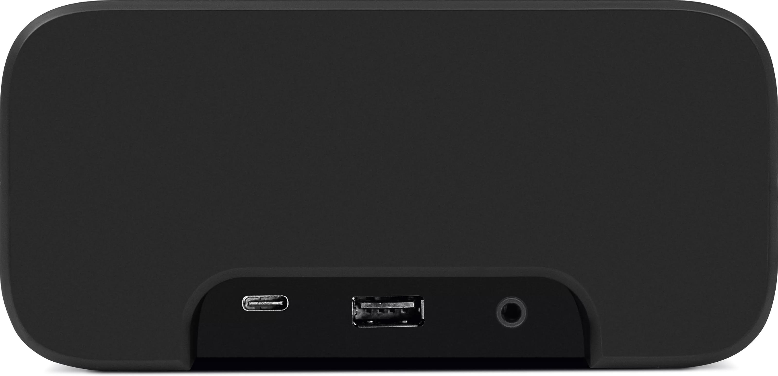 Schwarzer Lautsprecher mit USB-C-, USB-A- und AUX-Anschlüssen.