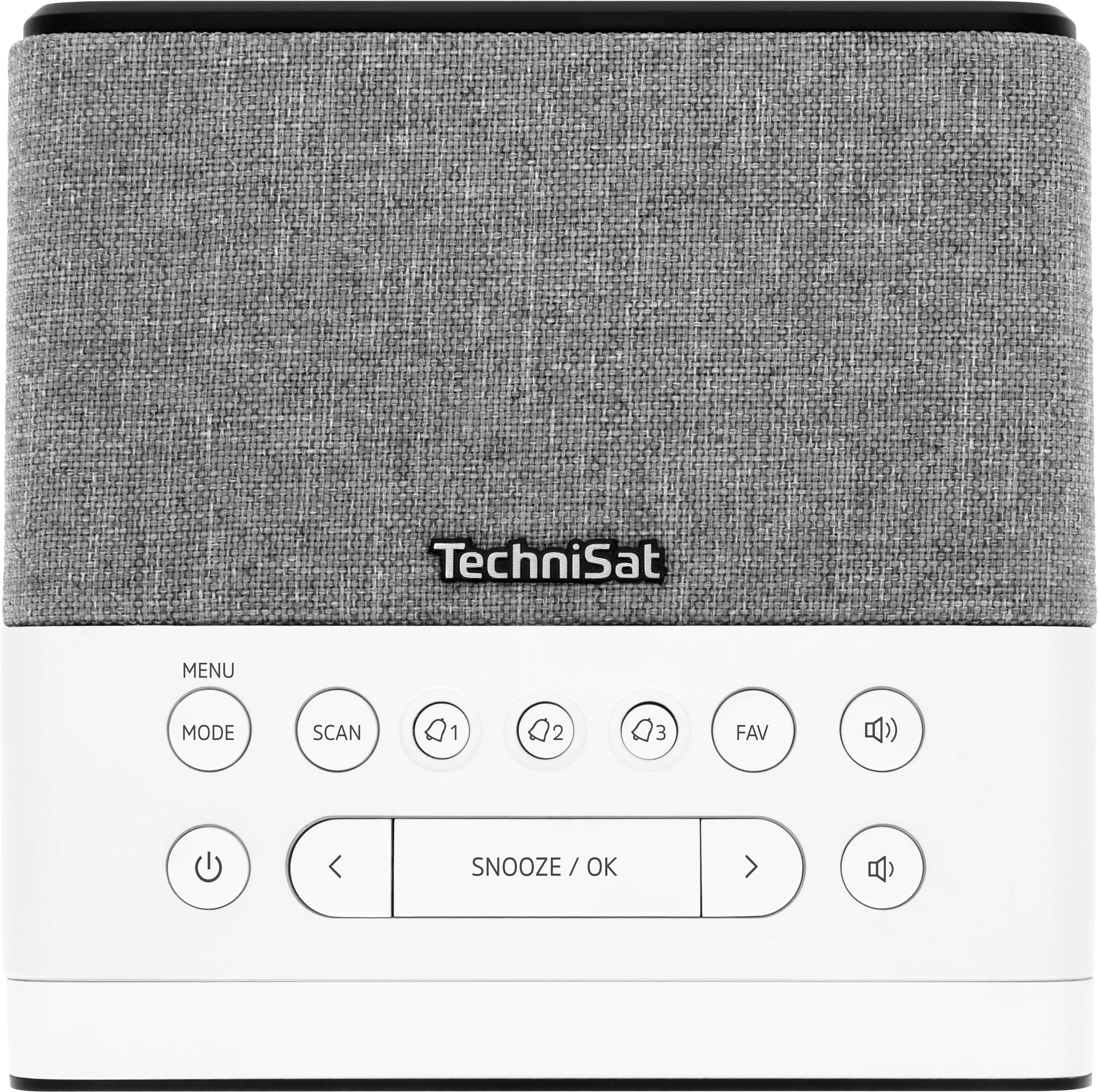 Ein grauer Lautsprecher mit weißen Bedienelementen und dem Logo von TechniSat.