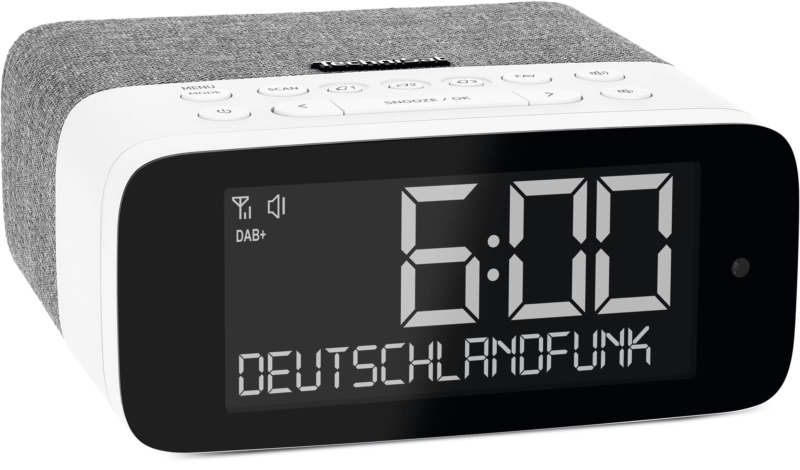 Digitalradio mit grauer Stoffoberseite, weißem Gehäuse und schwarzem Display.