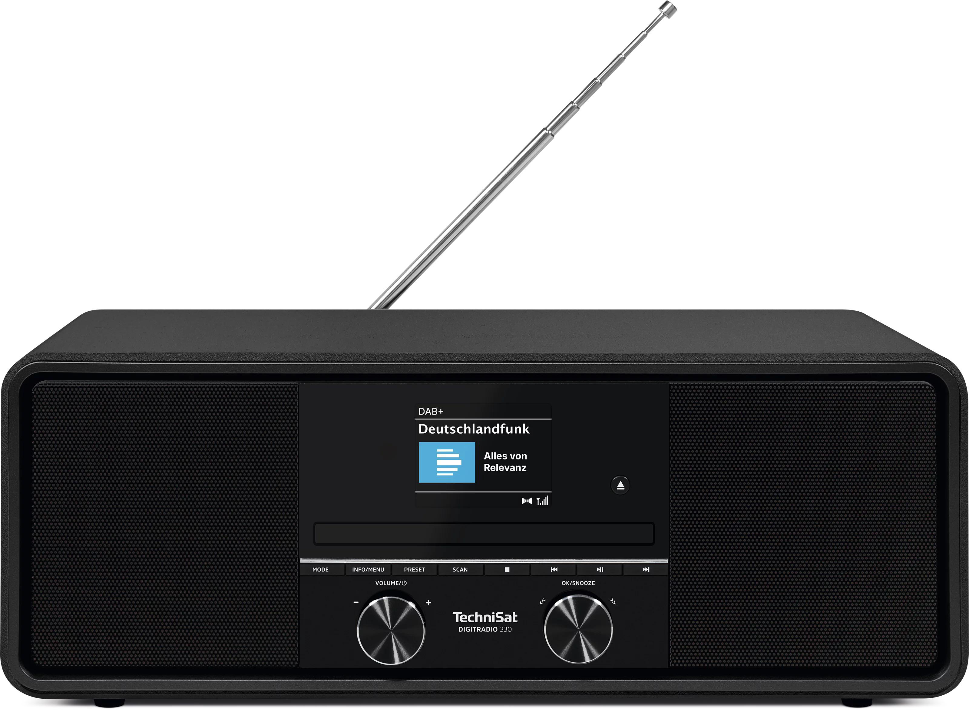 Schwarzes TechniSat Digitalradio 330 mit ausgefahrenem Antennenstab und Display.