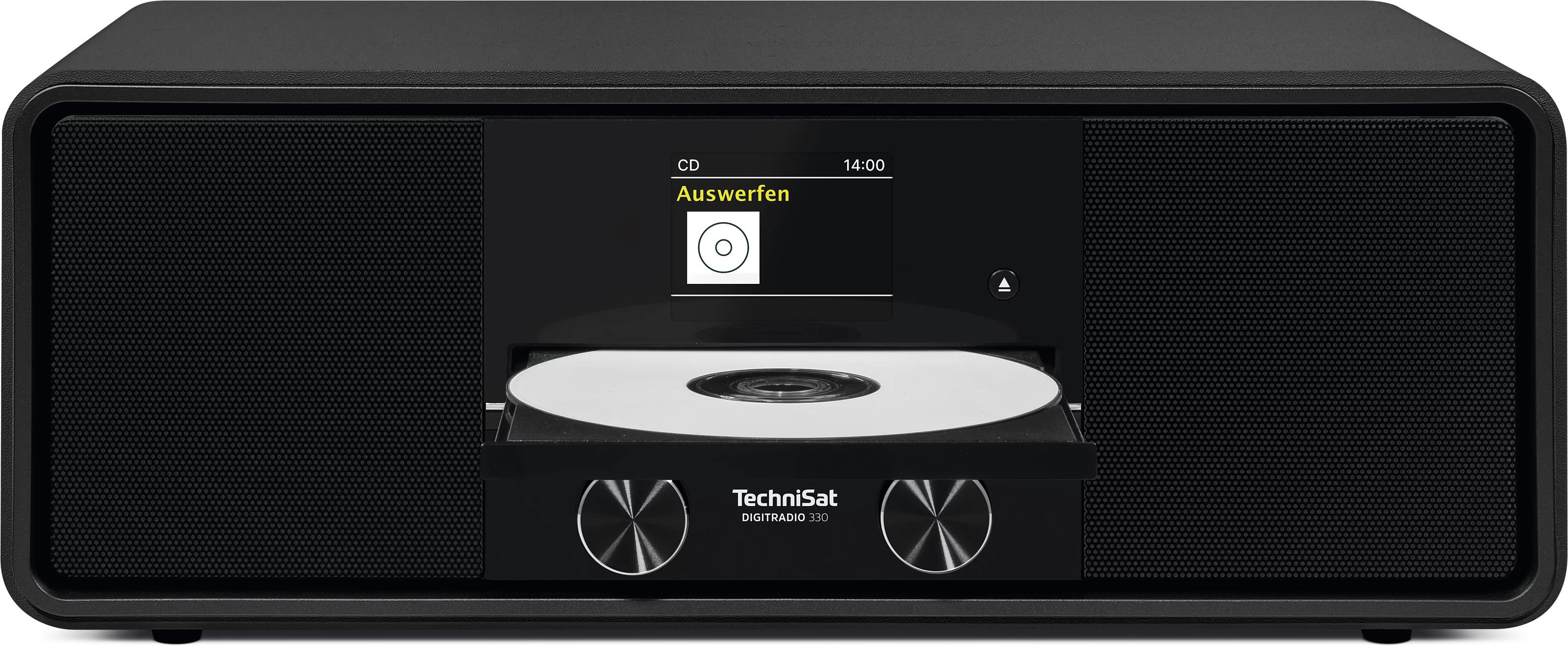 Schwarzer Digitalradio mit CD-Schacht und ausgefahrener CD.