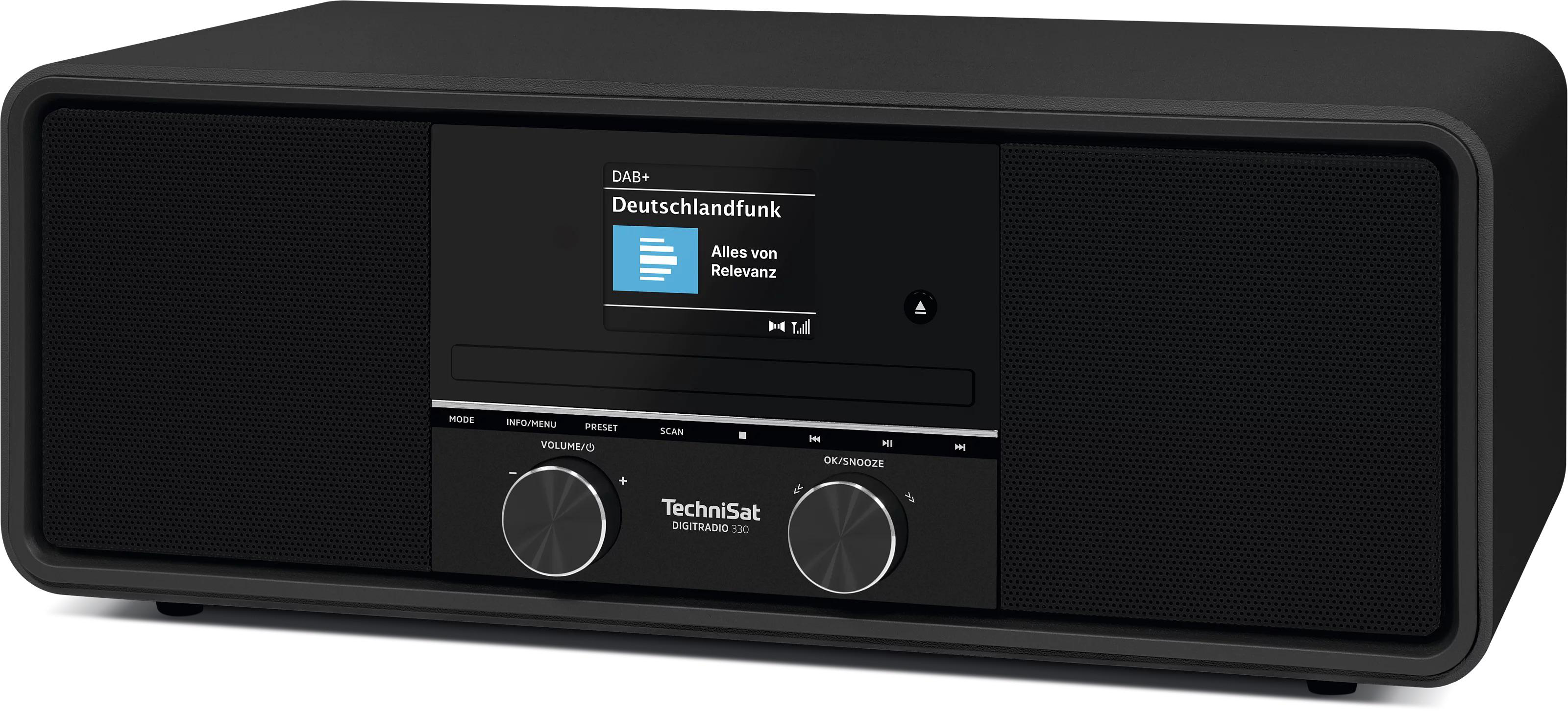 Ein schwarzes TechniSat Digitalradio 330 mit Display, das DAB+ Deutschlandfunk anzeigt.