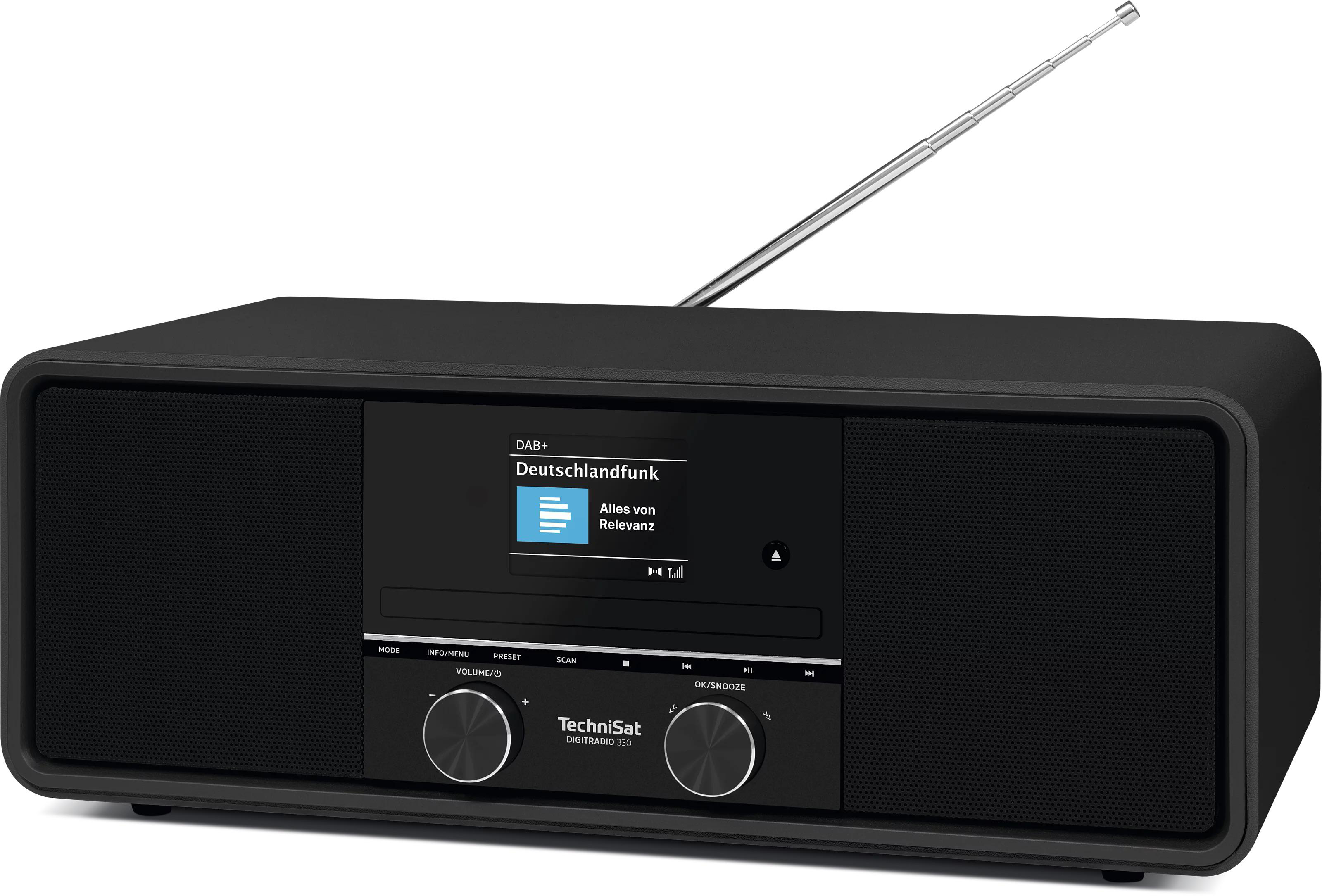Ein schwarzes TechniSat Digitalradio mit ausgefahrenem Antennenstab und Display.