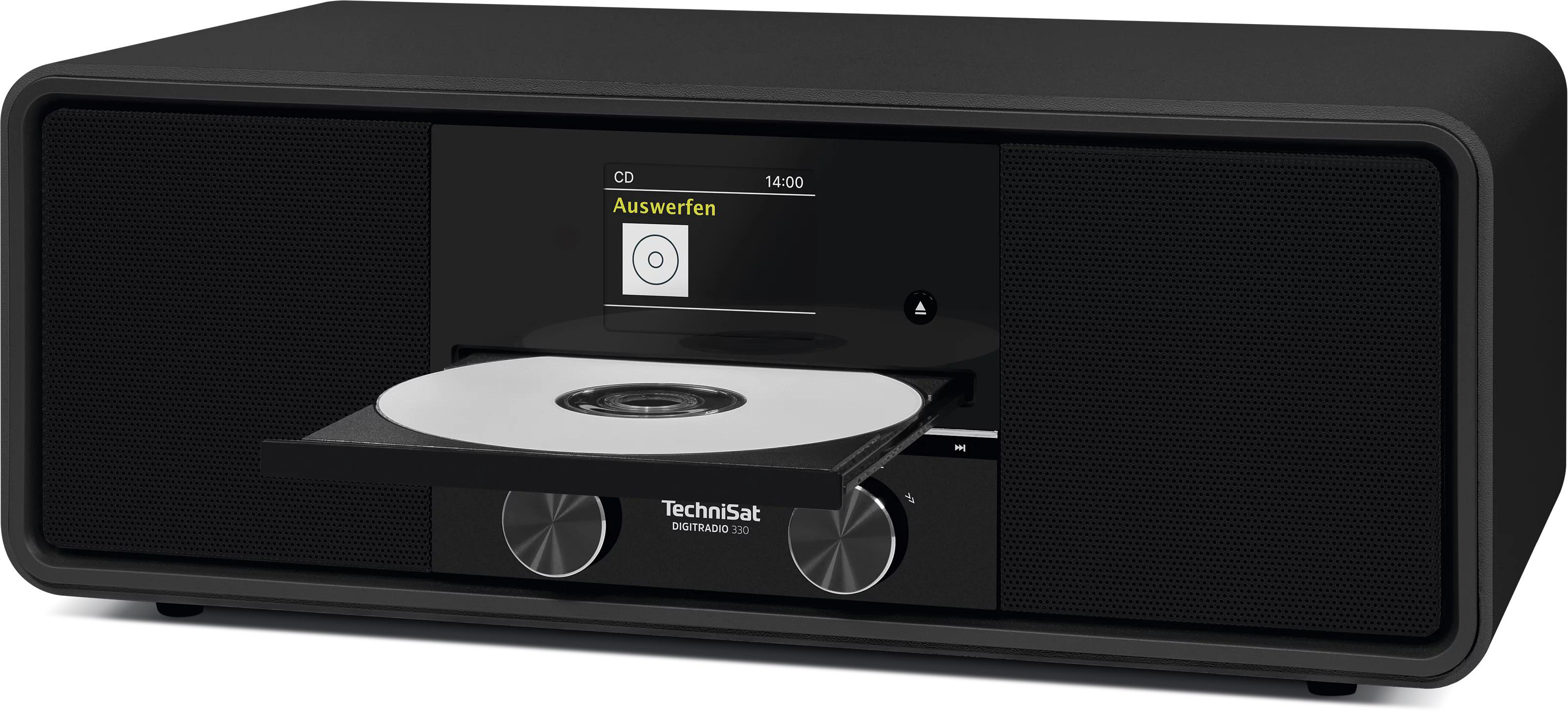 Schwarzer TechniSat Digiradio 330 mit ausgefahrener CD-Schublade und CD.