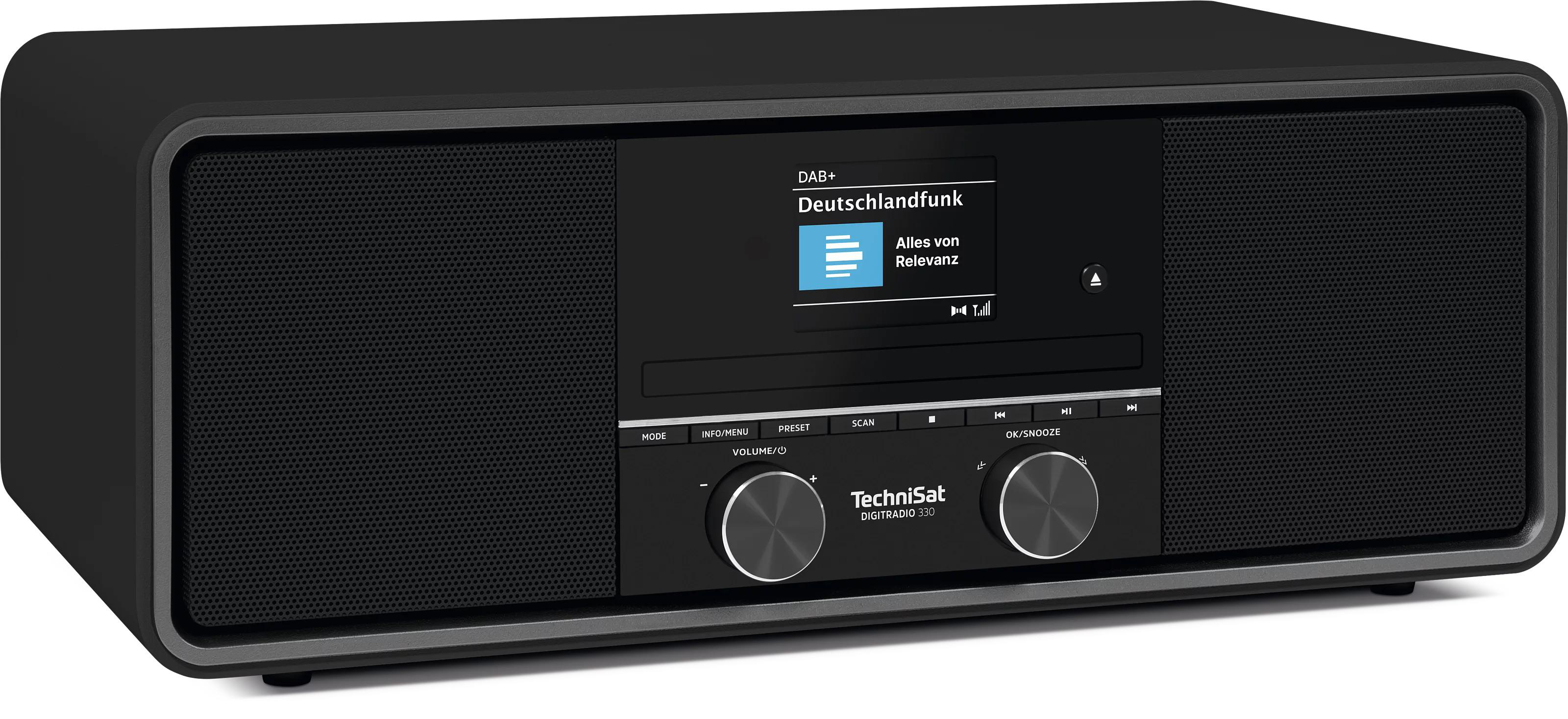 Ein schwarzes TechniSat Digitalradio 330 mit Lautsprechern, Display und Bedienelementen.
