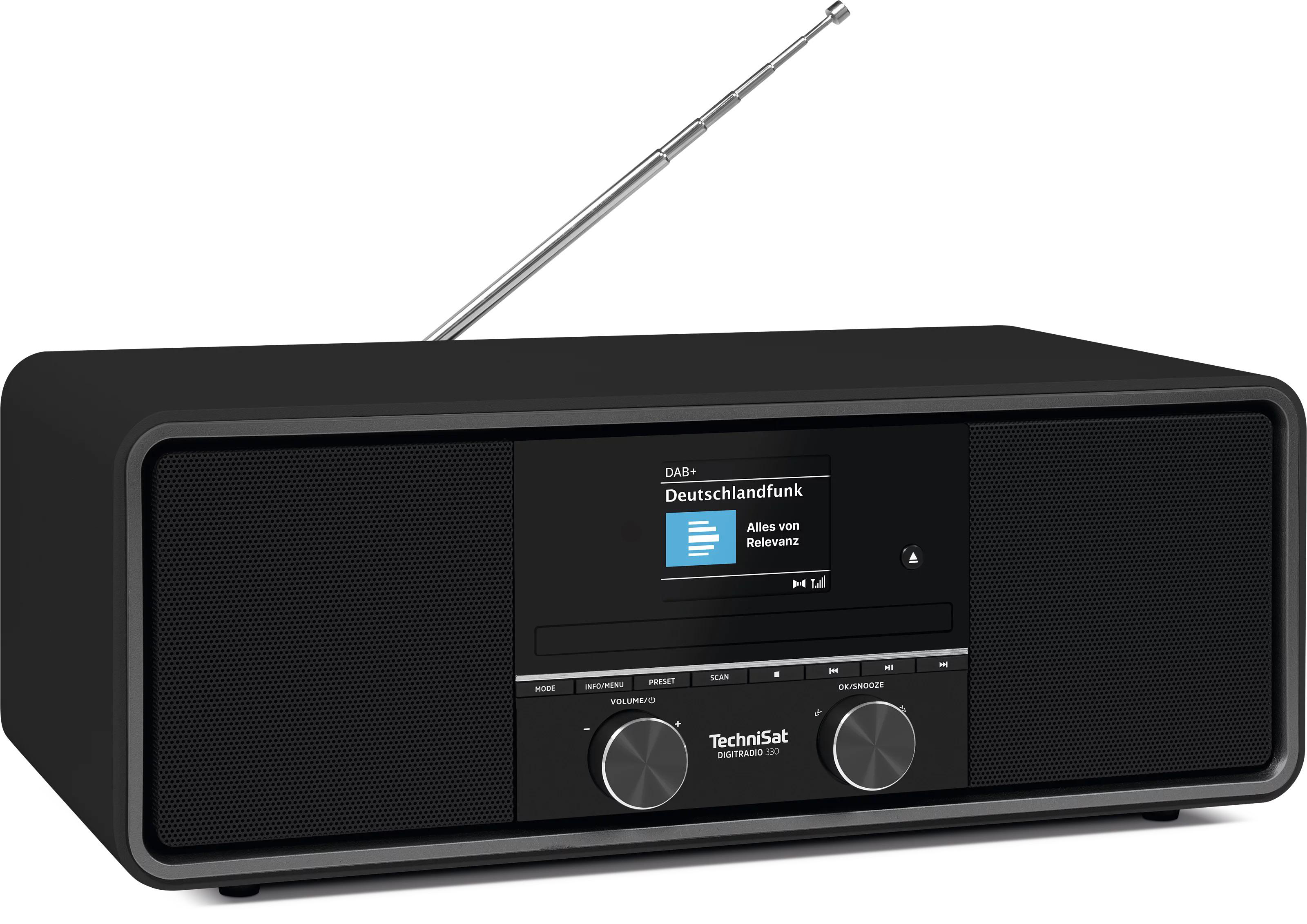 Ein schwarzes TechniSat Digiradio 330 mit ausgefahrenem Antennenstab.