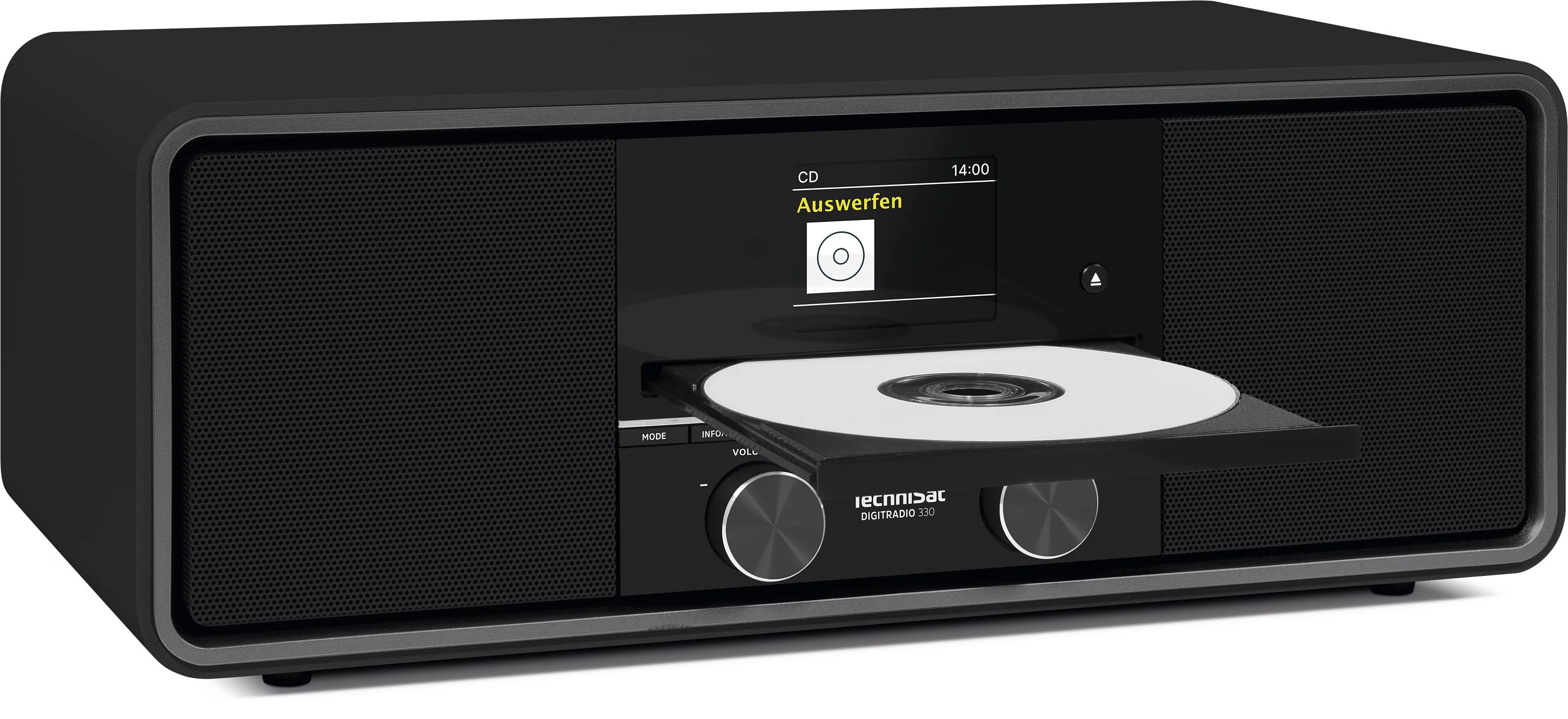Schwarzes Digitalradio mit CD-Fach, das eine CD auswirft. Anzeige zeigt 14:00.