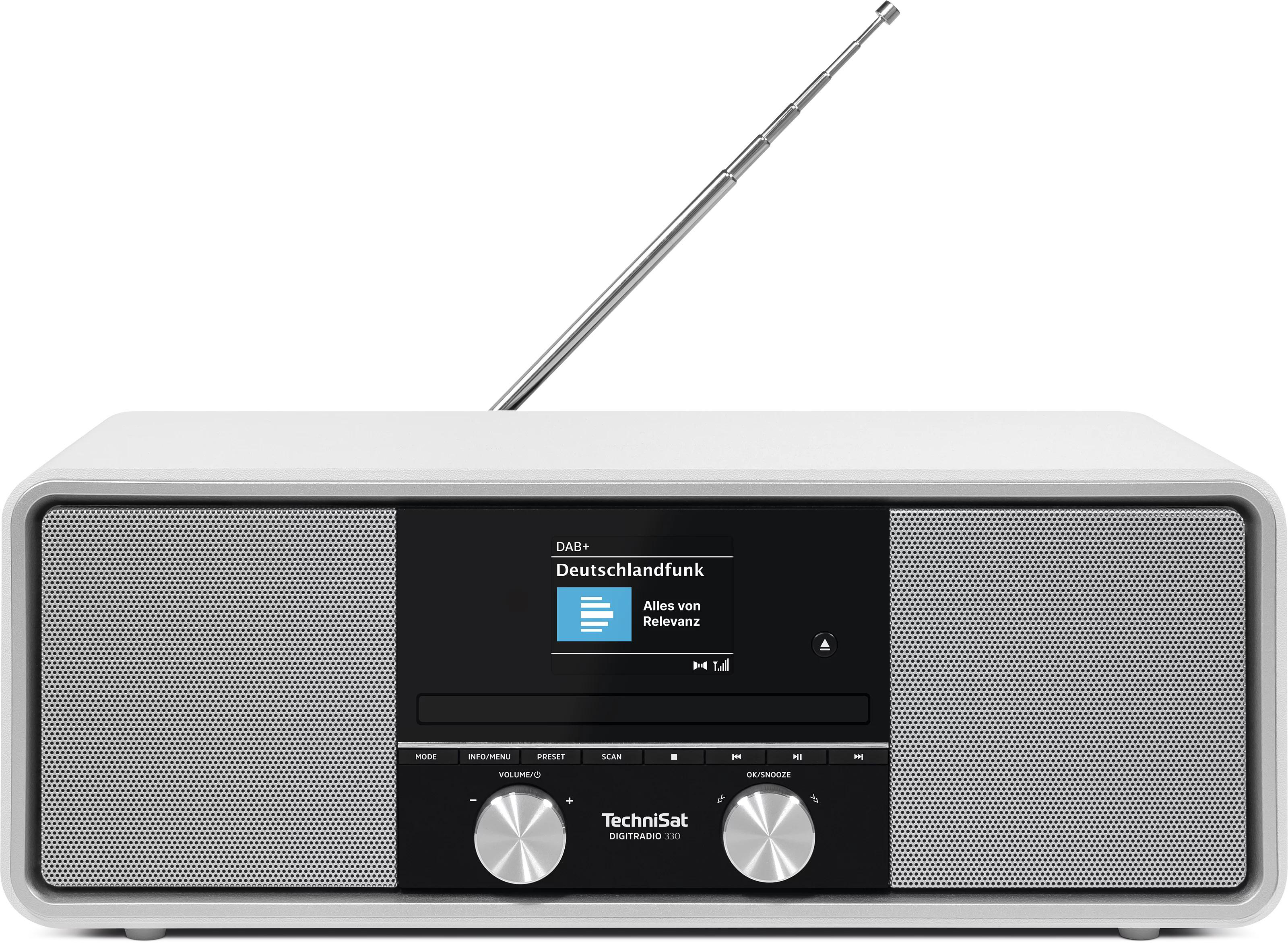 Ein weißes TechniSat Digitalradio mit Antenne. DAB+ Deutschlandfunk wird angezeigt.