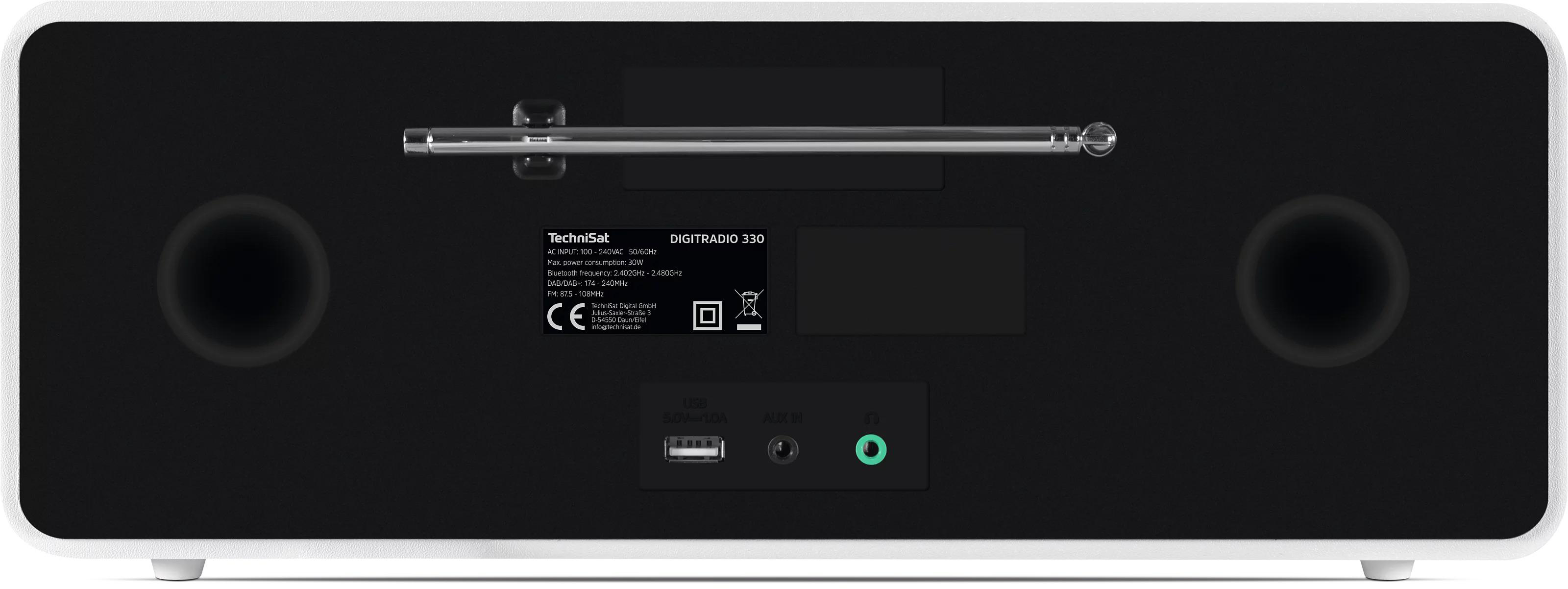Rückseite eines schwarzen TechniSat Digitradio 330 mit ausziehbarer Antenne, Lautsprechern und Anschlüssen.