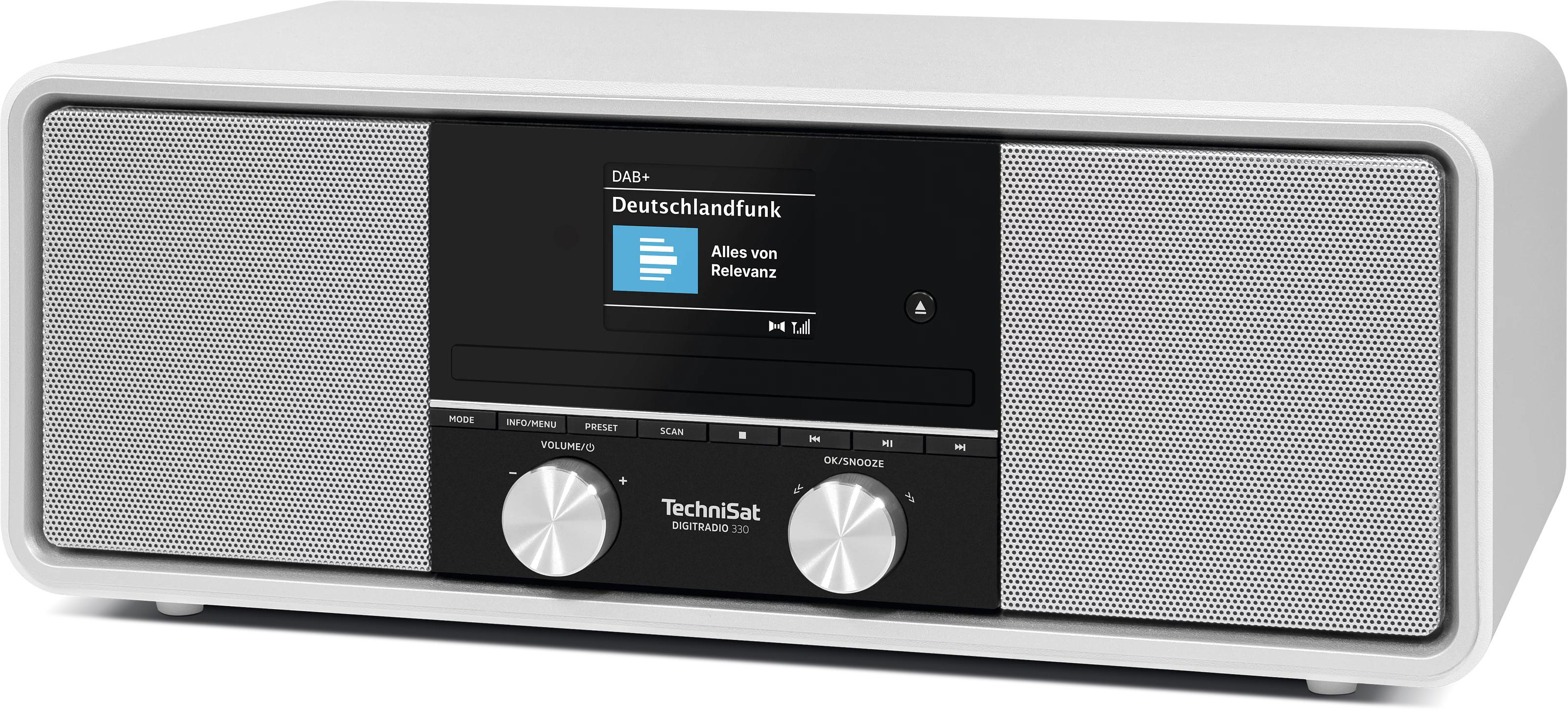 Ein weißes TechniSat Digitalradio 330 mit silbernen Knöpfen und einem schwarzen Display.