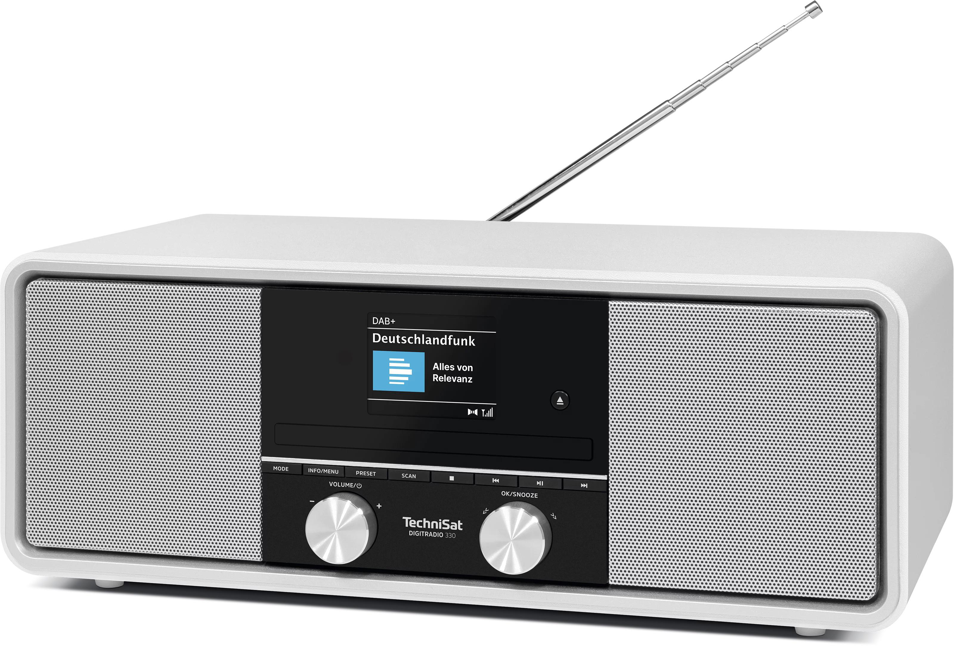 Ein weißes TechniSat Digitalradio mit silbernen Knöpfen und ausgefahrener Antenne.